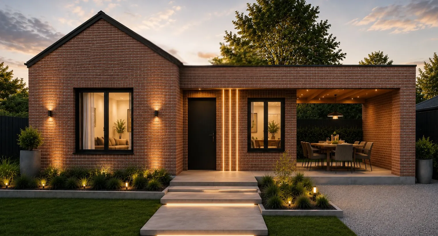Render frontal de una casa de ladrillo con jardín, camino de ingreso y espacio exterior cubierto a un lateral.