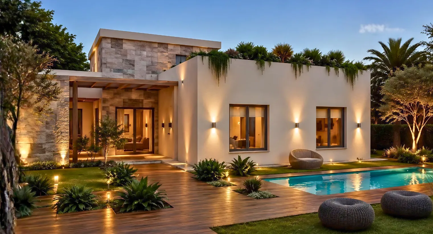 Render del exterior de una vivienda con aberturas hacia una galería, jardín y piscina.