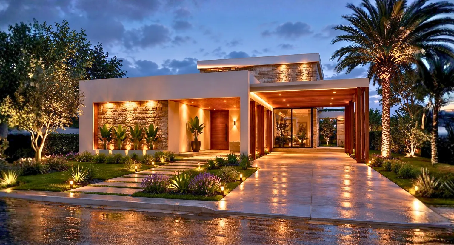 Render de una vivienda con acceso peatonal, cochera semicubierta y jardín al frente iluminado al atardecer.