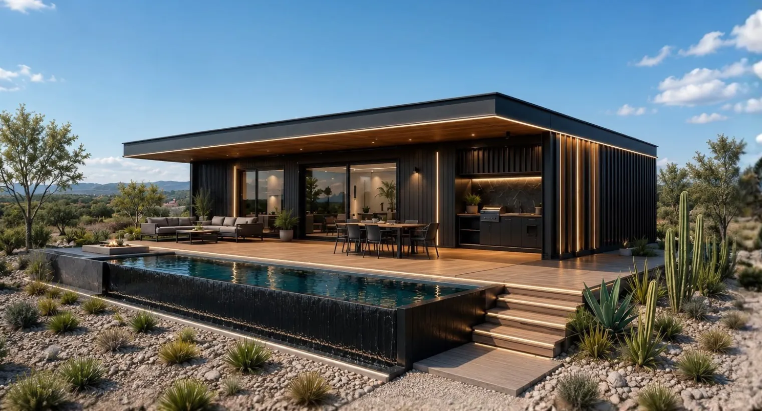 Render de una casa de un nivel con grandes aberturas, galería de madera y piscina frente a un paisaje abierto.