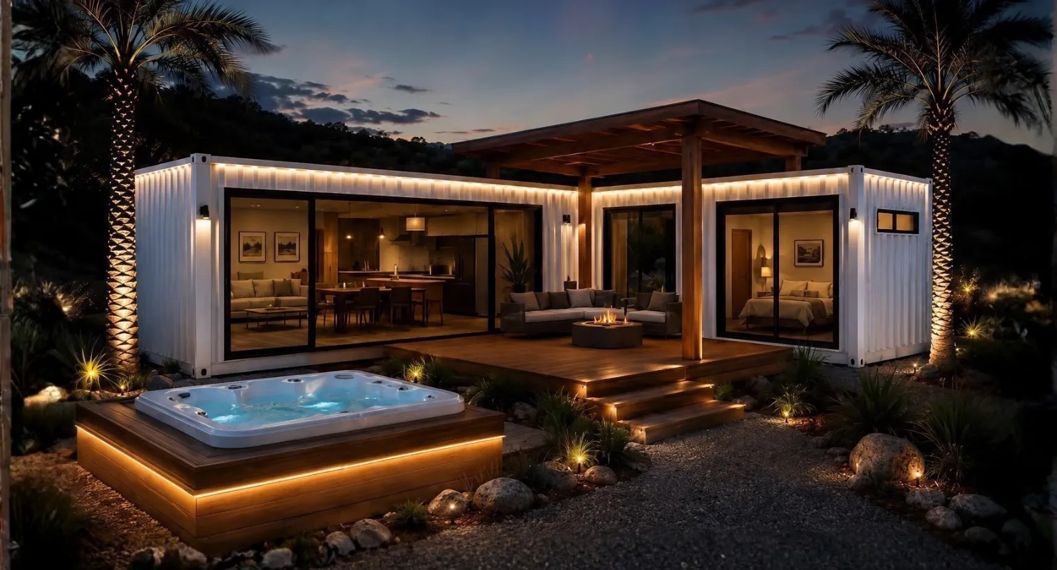 Render de dos volúmenes de vivienda dispuestos alrededor de un deck con estar exterior y pérgola.