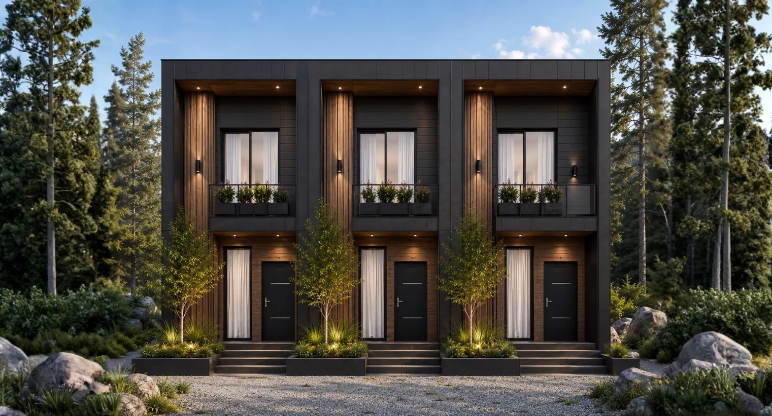 Render de tres unidades de dos plantas con fachada oscura y detalles de apariencia de madera.